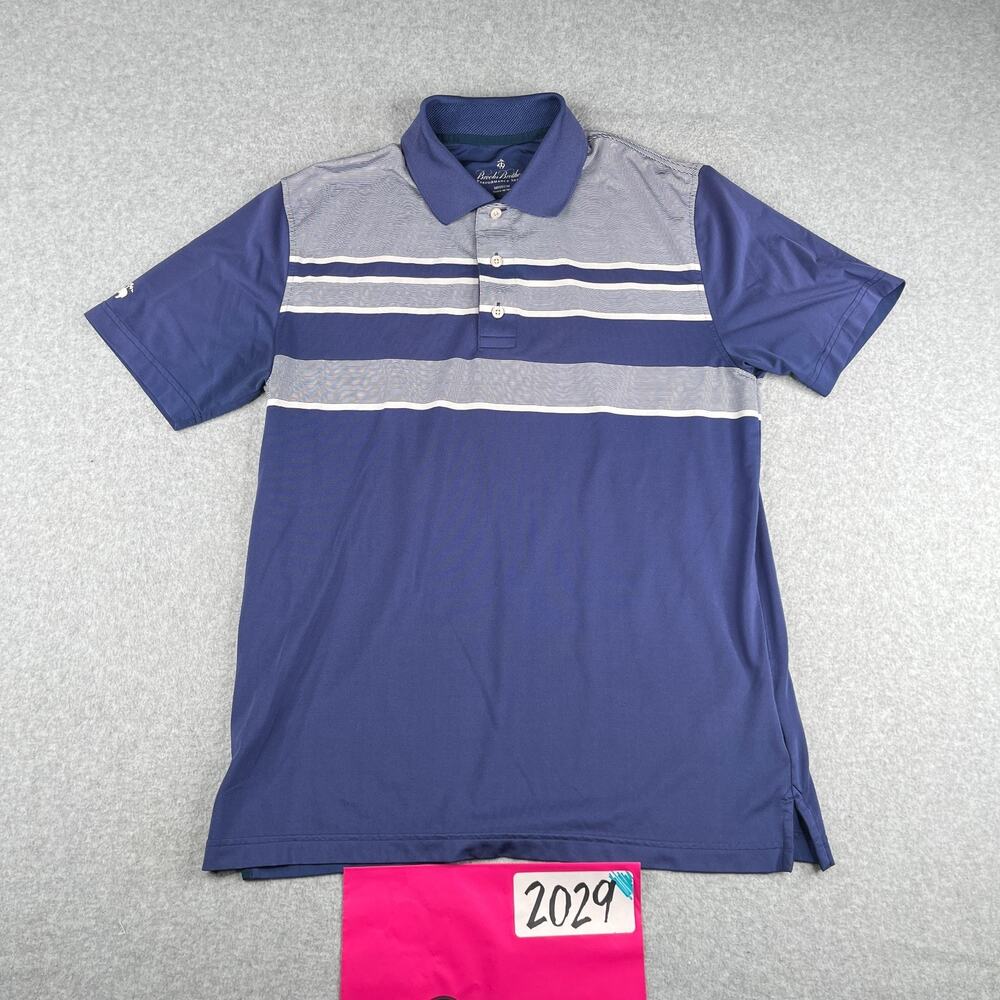 Brooks Brothers Performance Polo Shirt Medium Navy Blue Gray Striped Casual Mens